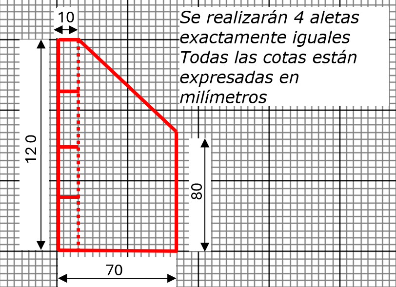 Imagen de una aleta de cohete con las medidas