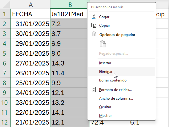 Imagen que muestra cómo eliminar una columna en una hoja de cálculo
