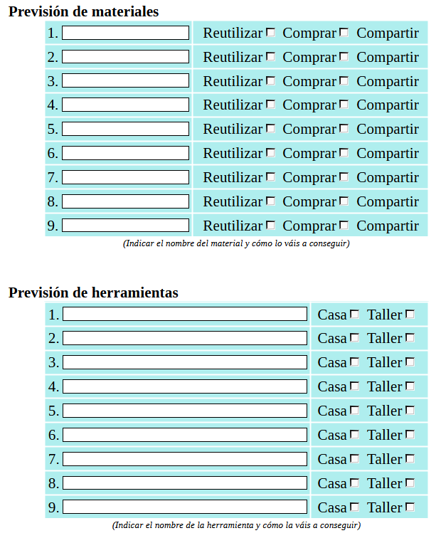 Imagen de una ficha de control de herramientas y materiales