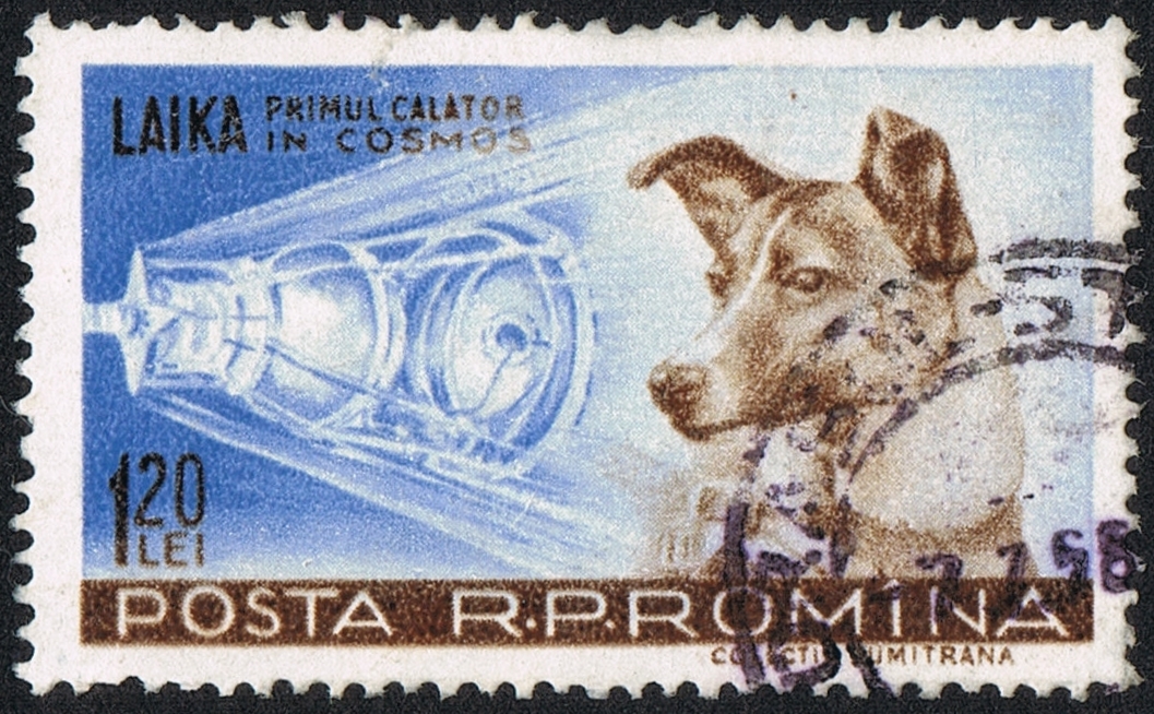 Imagen de un sello rumano del viaje de la perra Laika